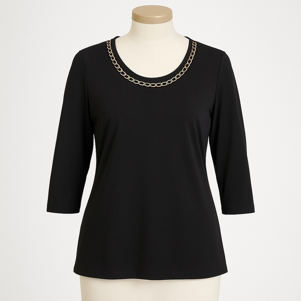 Dennis Basso Blouse Black‎ Chain Neck Tunic Top Women M Gold Shimmer Minimalist
